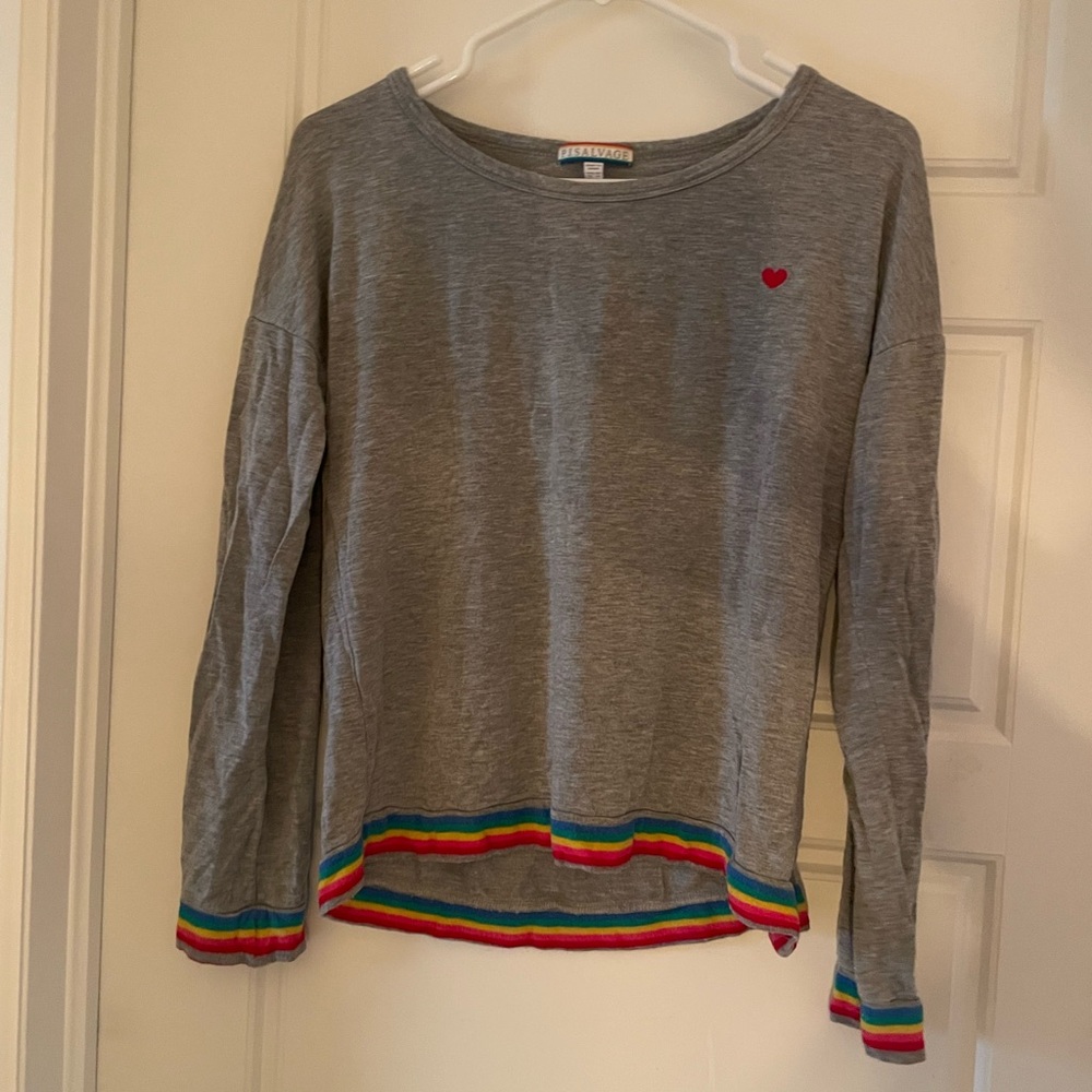 Gray Long Sleeve Top with Rainbow Trim
